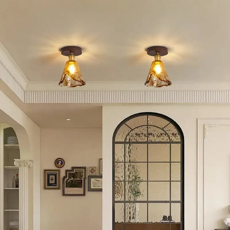 Modern amber glass and brass led ceiling lamp dining room