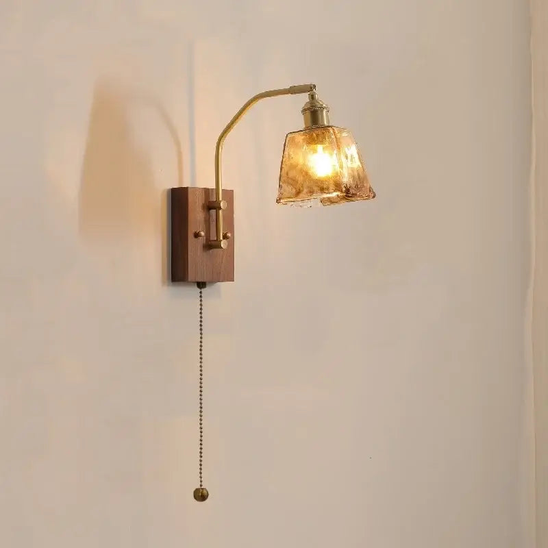 Modern amber glass copper led wall lamp bedroom brass wood light