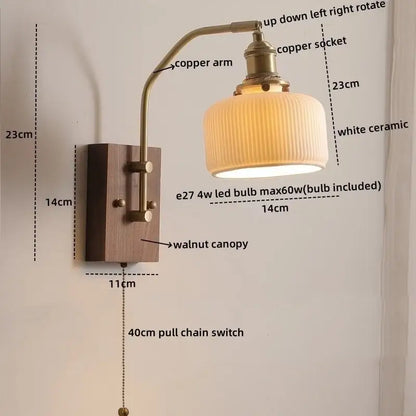 Modern amber glass copper led wall lamp bedroom brass wood light