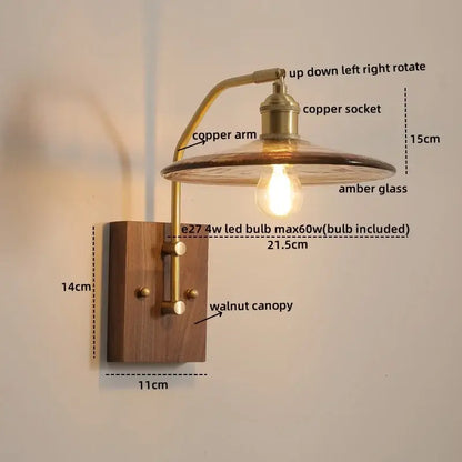 Modern amber glass copper led wall lamp bedroom brass wood light