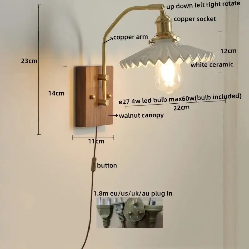 Modern amber glass copper led wall lamp bedroom brass wood light