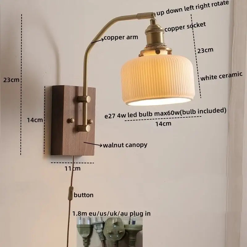Modern amber glass copper led wall lamp bedroom brass wood light