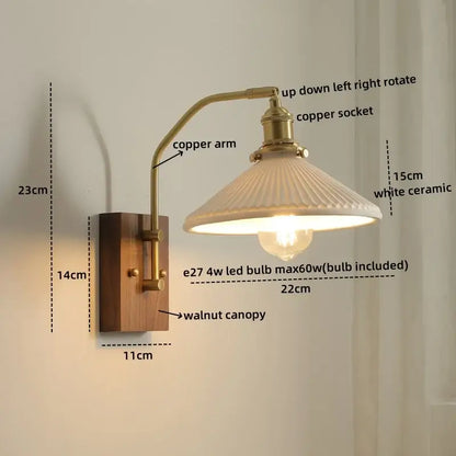 Modern amber glass copper led wall lamp bedroom brass wood light