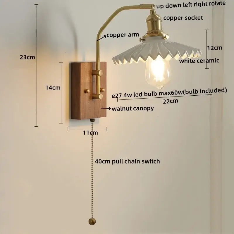 Modern amber glass copper led wall lamp bedroom brass wood light