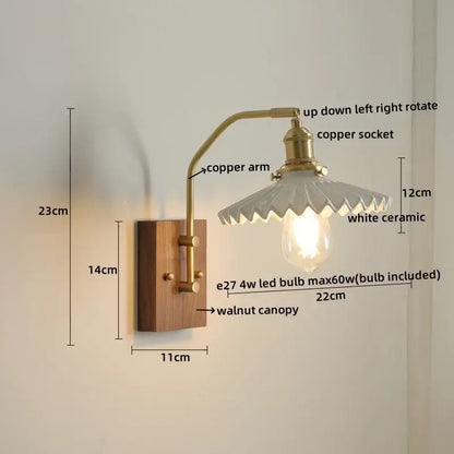 Modern amber glass copper led wall lamp bedroom brass wood light