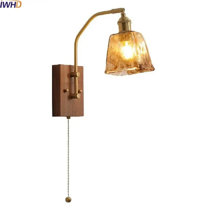 Modern amber glass copper led wall lamp bedroom brass wood light