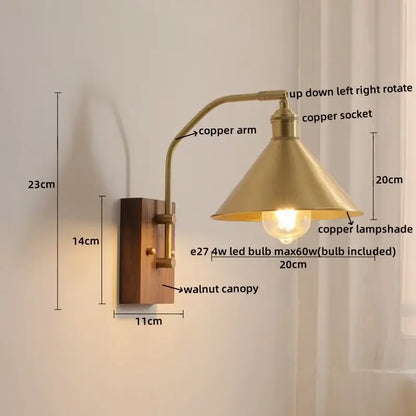 Modern amber glass copper led wall lamp bedroom brass wood light