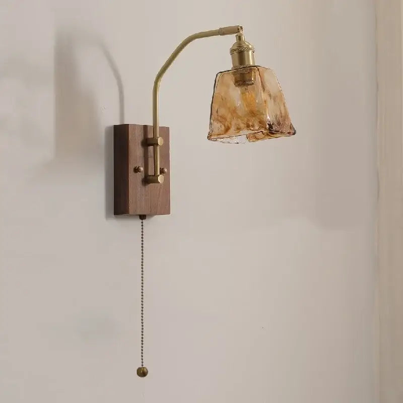 Modern amber glass copper led wall lamp bedroom brass wood light