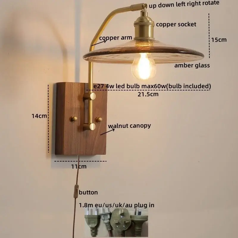 Modern amber glass copper led wall lamp bedroom brass wood light