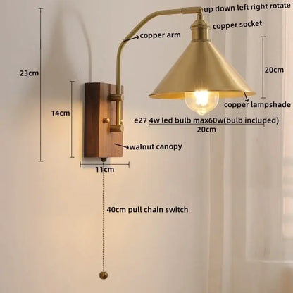 Modern amber glass copper led wall lamp bedroom brass wood light