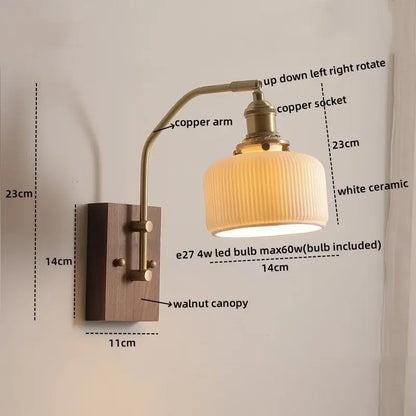 Modern amber glass copper led wall lamp bedroom brass wood light