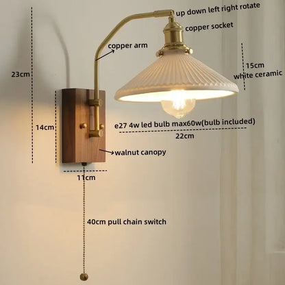 Modern amber glass copper led wall lamp bedroom brass wood light