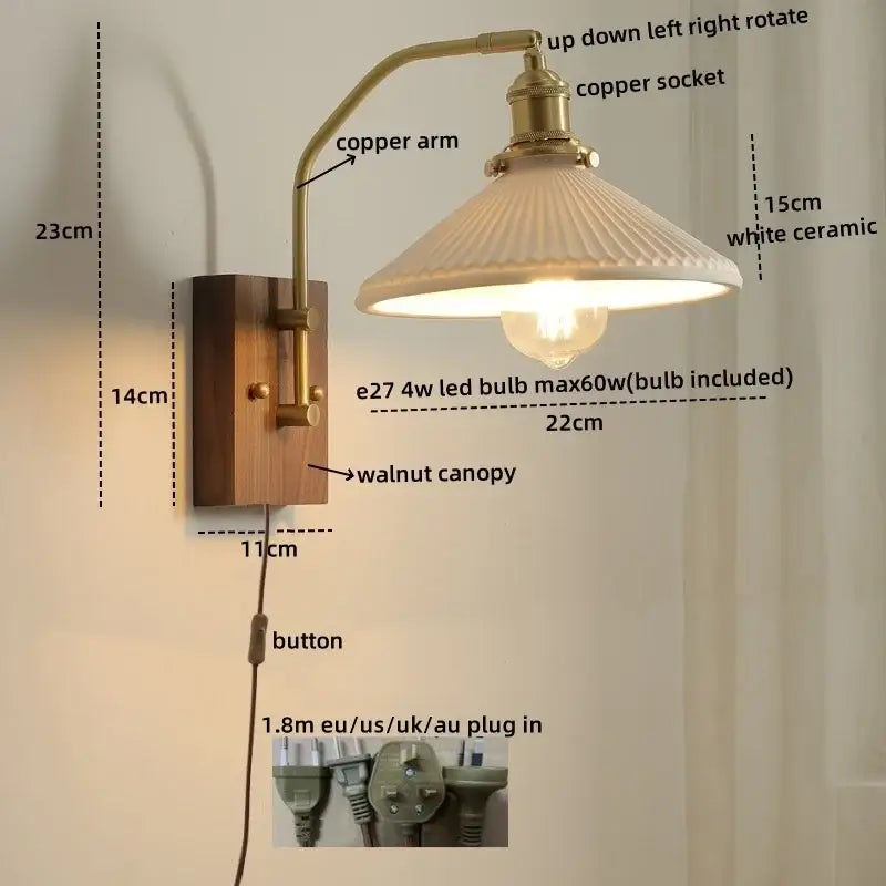Modern amber glass copper led wall lamp bedroom brass wood light