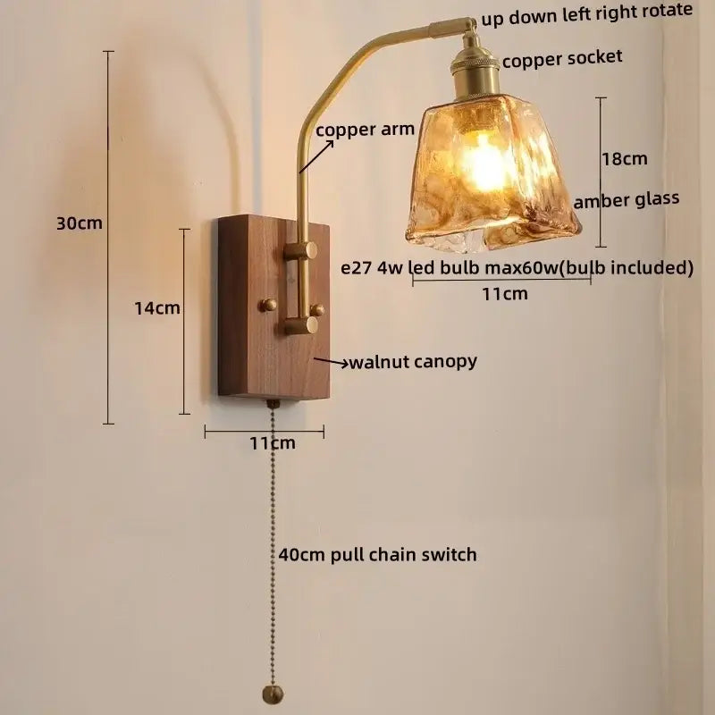 Modern amber glass copper led wall lamp bedroom brass wood light
