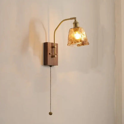 Modern amber glass copper led wall lamp bedroom brass wood light