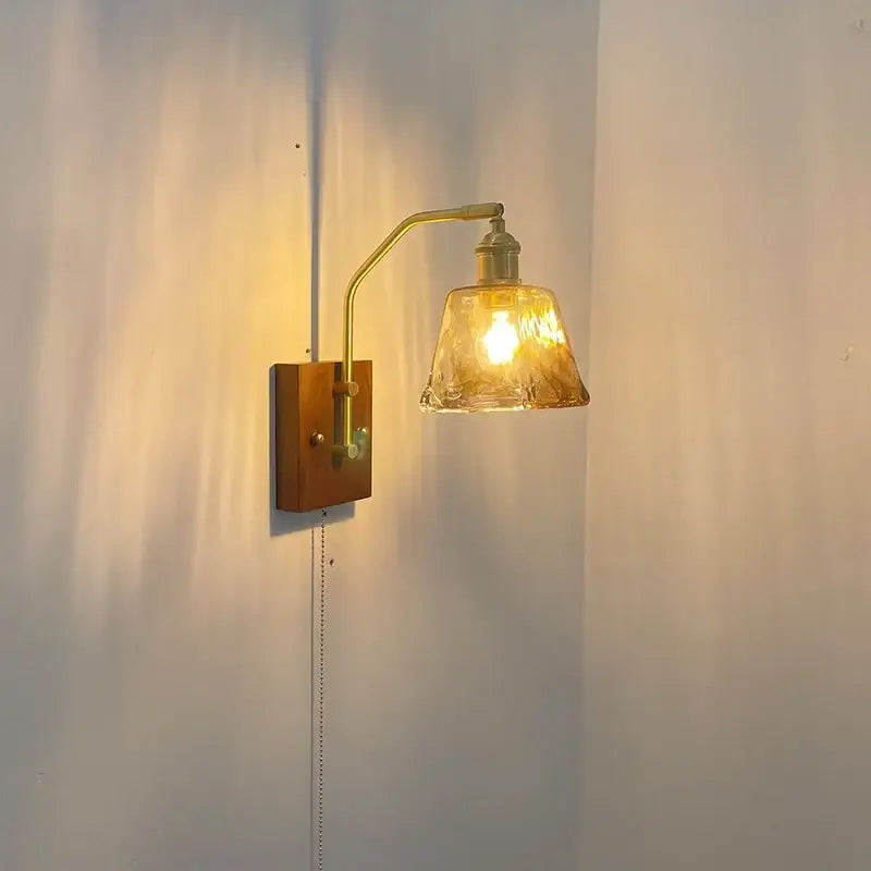 Modern amber glass copper led wall lamp bedroom brass wood light