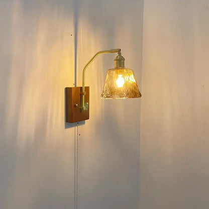 Modern amber glass copper led wall lamp bedroom brass wood light