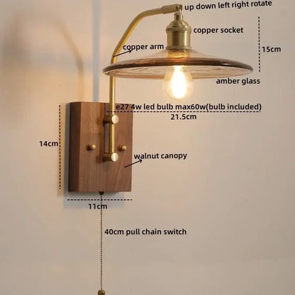 Modern amber glass copper led wall lamp bedroom brass wood light