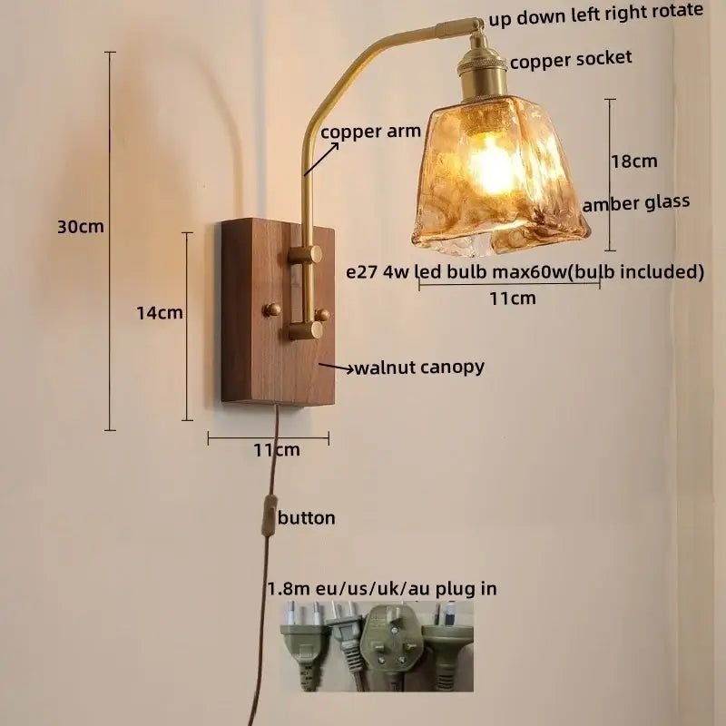 Modern amber glass copper led wall lamp bedroom brass wood light