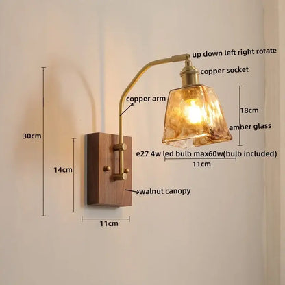 Modern amber glass copper led wall lamp bedroom brass wood light