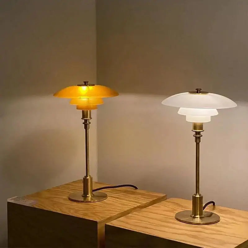 Modern amber glass desk lamp for home office with brass base