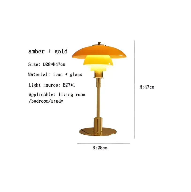 Modern amber glass desk lamp for living room with golden brass finish