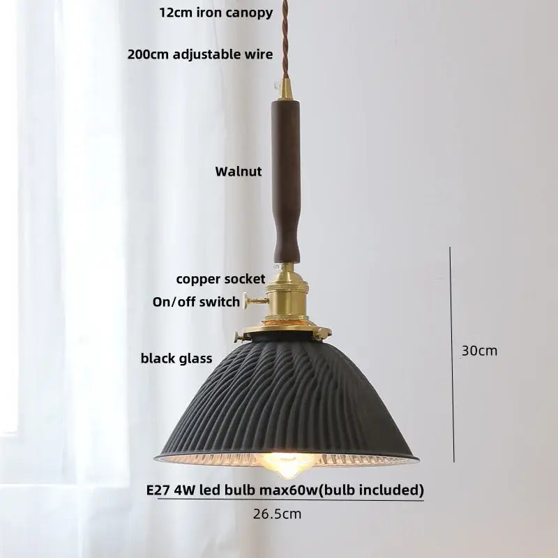 Modern amber glass led pendant lamp dining room walnut wood accent