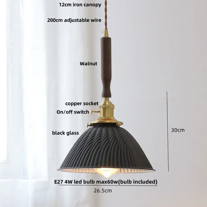 Modern amber glass led pendant lamp dining room walnut wood accent
