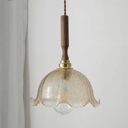 Modern amber glass led pendant lamp dining room walnut wood accent