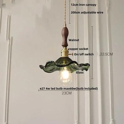 Modern amber glass led pendant lamp dining room walnut wood accent