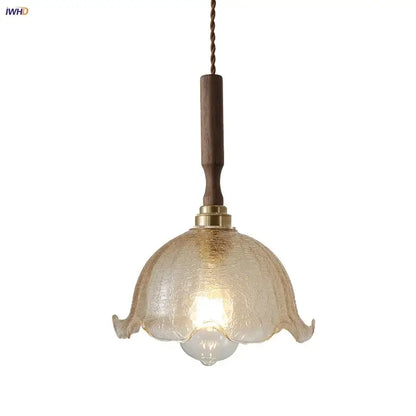 Modern amber glass led pendant lamp dining room walnut wood accent