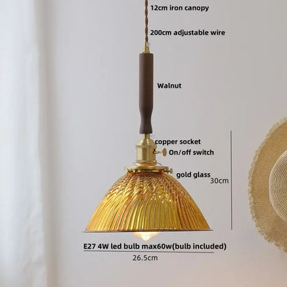 Modern amber glass led pendant lamp dining room walnut wood accent