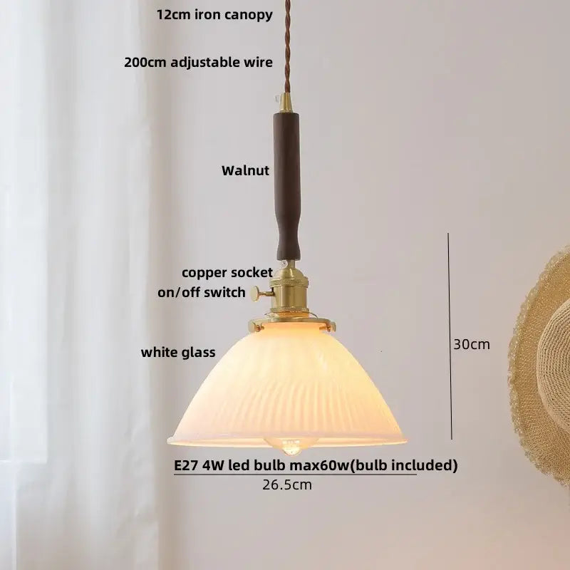 Modern amber glass led pendant lamp dining room walnut wood accent