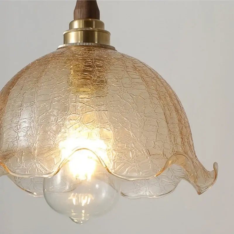 Modern amber glass led pendant lamp dining room walnut wood accent