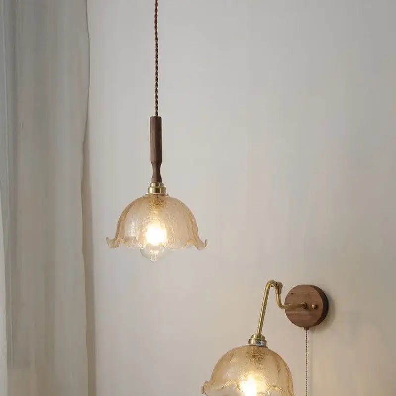 Modern amber glass led pendant lamp dining room walnut wood accent