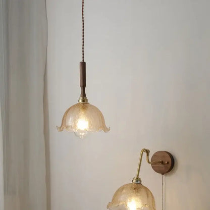 Modern amber glass led pendant lamp dining room walnut wood accent
