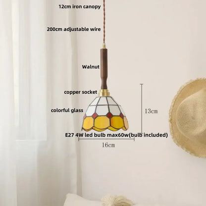 Modern amber glass led pendant light dining room walnut wood