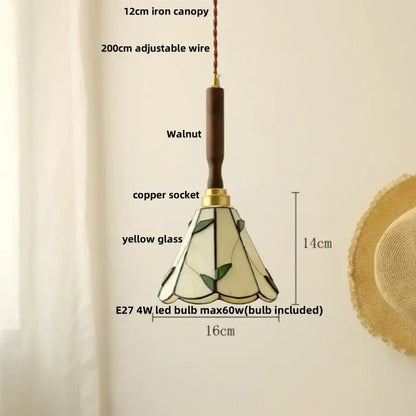 Modern amber glass led pendant light dining room walnut wood
