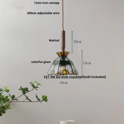 Modern amber glass led pendant light dining room walnut wood