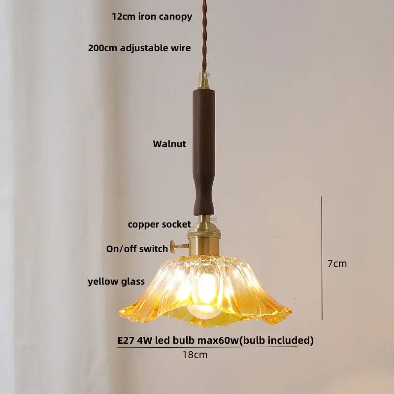 Modern amber glass led pendant light dining room walnut wood