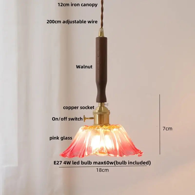 Modern amber glass led pendant light dining room walnut wood