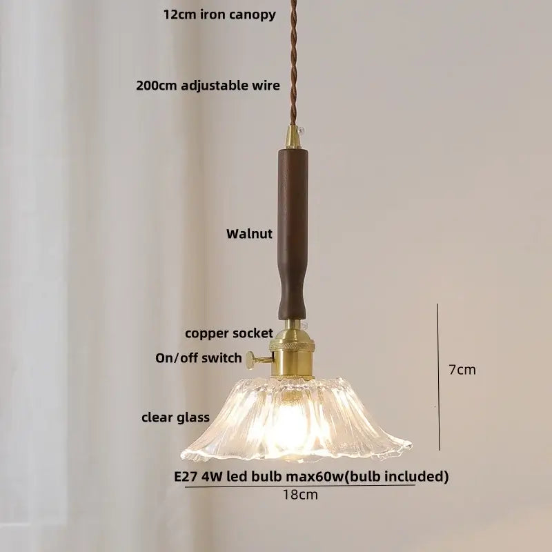 Modern amber glass led pendant light dining room walnut wood