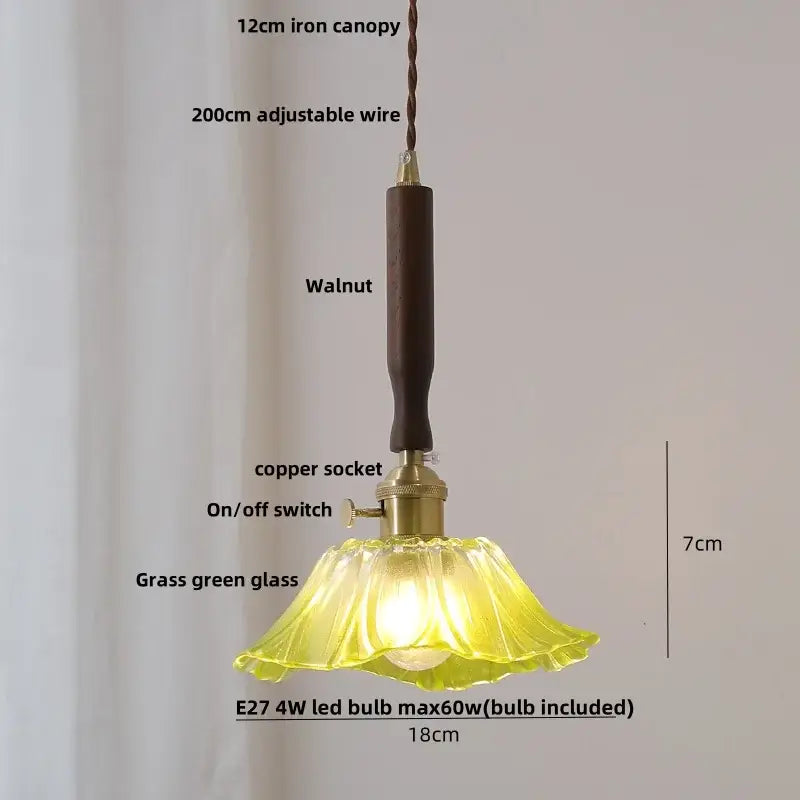 Modern amber glass led pendant light dining room walnut wood