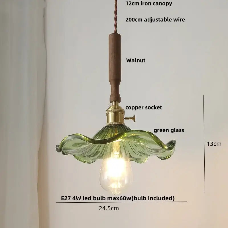 Modern amber glass led pendant light dining room walnut wood