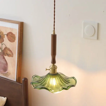 Modern amber glass led pendant light dining room walnut wood