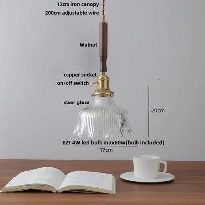 Modern amber glass led pendant light dining room walnut wood