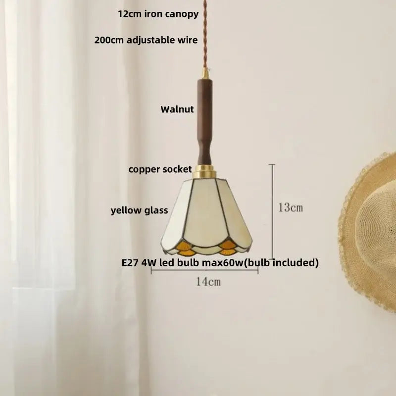 Modern amber glass led pendant light dining room walnut wood