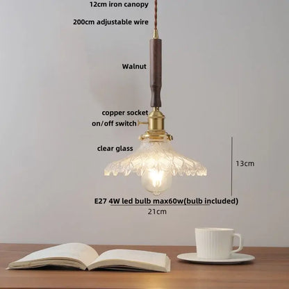 Modern amber glass led pendant light dining room walnut wood