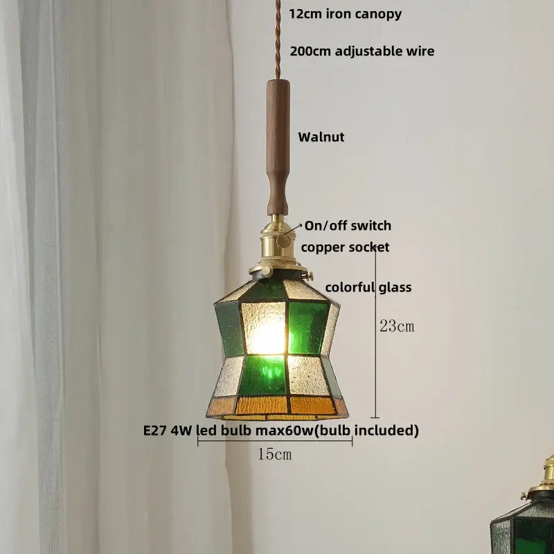 Modern amber glass led pendant light dining room walnut wood