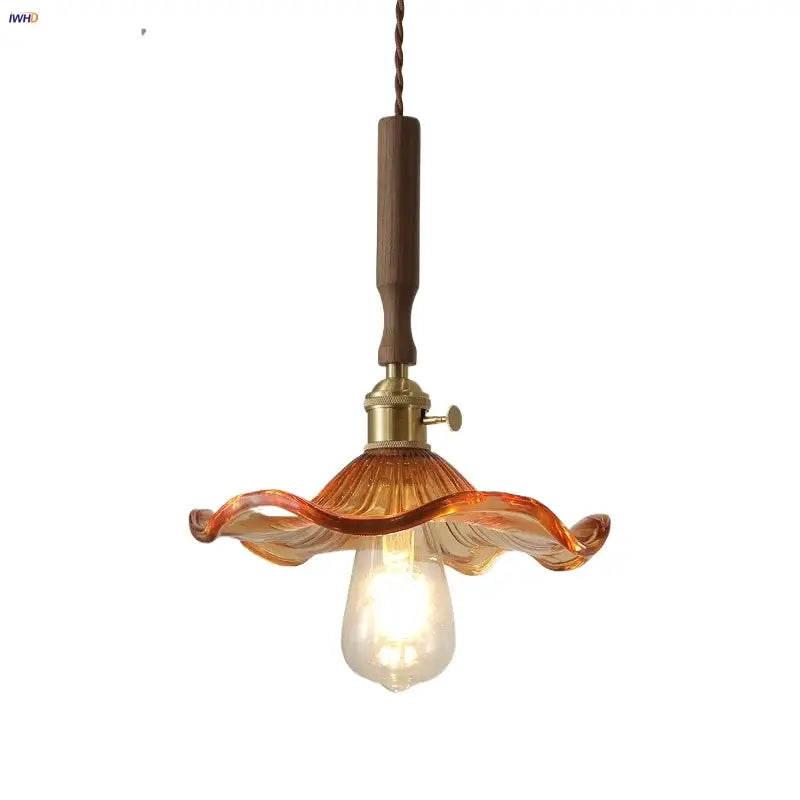 Modern amber glass led pendant light dining room walnut wood
